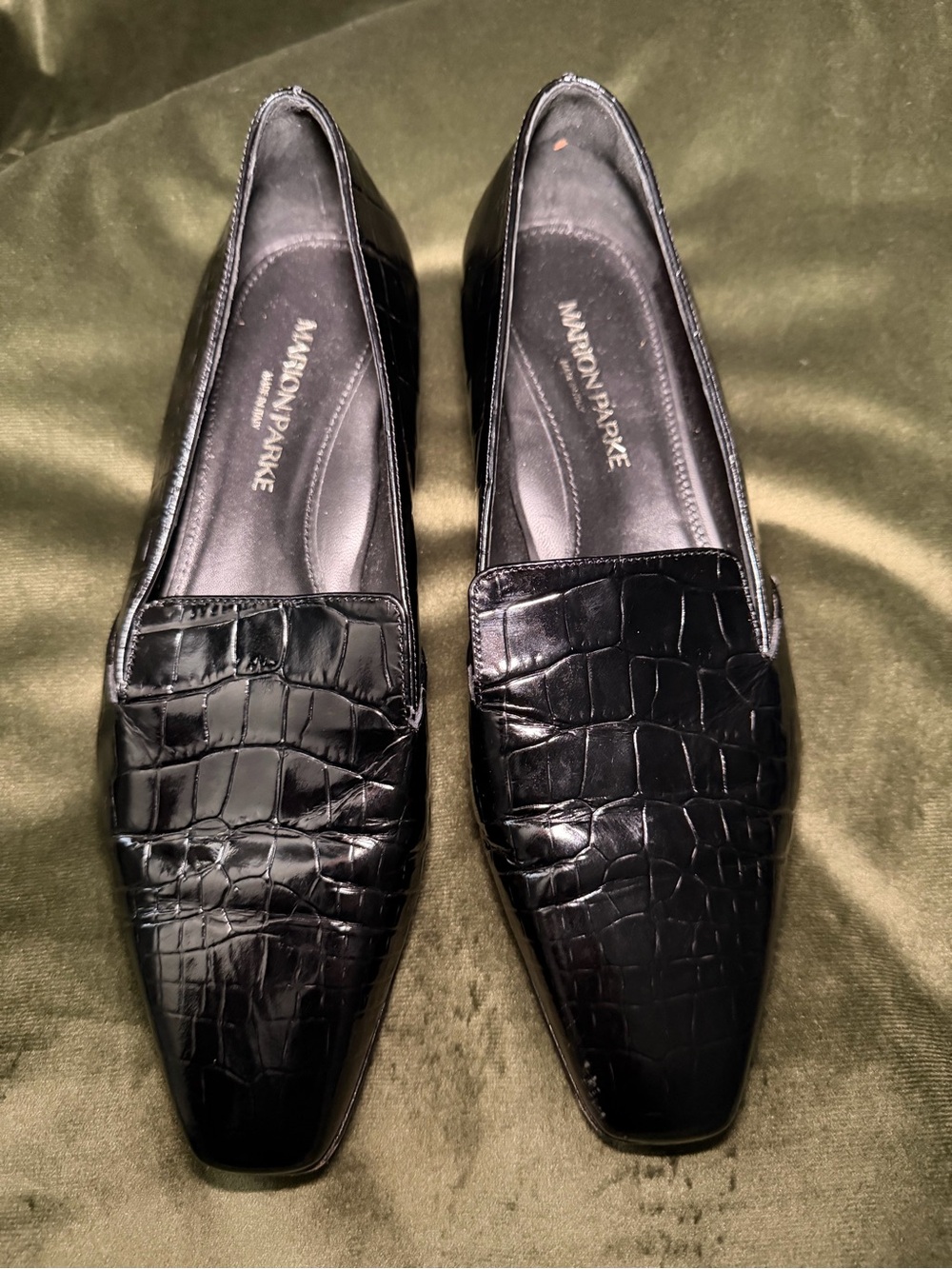 Marion Parke Black Croc-Embossed Square toe Loafers - Size 36